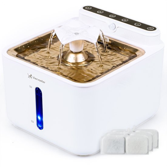 Viervoeter® Draadloze Drinkfontein RVS Wit - Sensor Waterfontein voor Kat en Hond - Inclusief 3 filters - 3,2L - 30d batterijduur - Fluisterstil