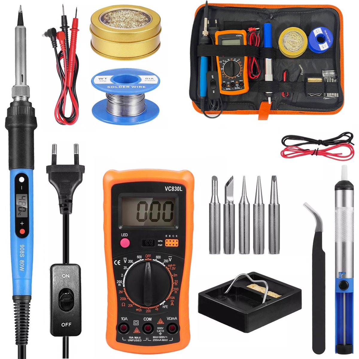 Soldeerboutset - inclusief digitale multimeter en digitaal soldeerstation met instelbare temperatuur - met schakelaar - 15-delig - 80W - vervangbare soldeerpunten - soldeer- en reparatieset voor thuisgebruik - blauw