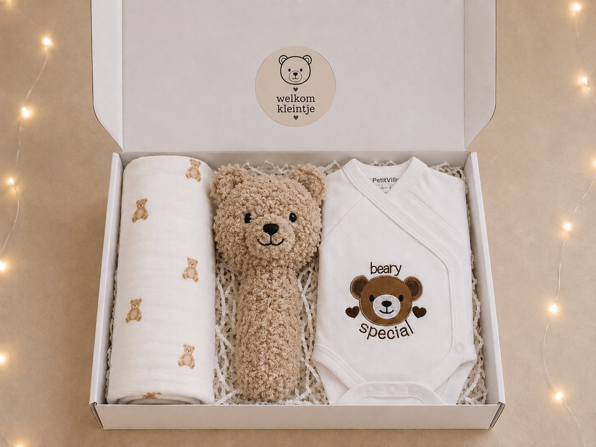 Blijeitje Kraamcadeau Unisex - Luxe Baby Cadeaupakket met Jollein Hydrofiele Doek, Teddy Rammelaar & Romper - Babyshower Cadeau - Gender Reveal - Newborn Cadeau