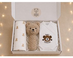 Blijeitje Kraamcadeau Unisex - Luxe Baby Cadeaupakket met Jollein Hydrofiele Doek, Teddy Rammelaar & Romper - Babyshower Cadeau - Gender Reveal - Newborn Cadeau