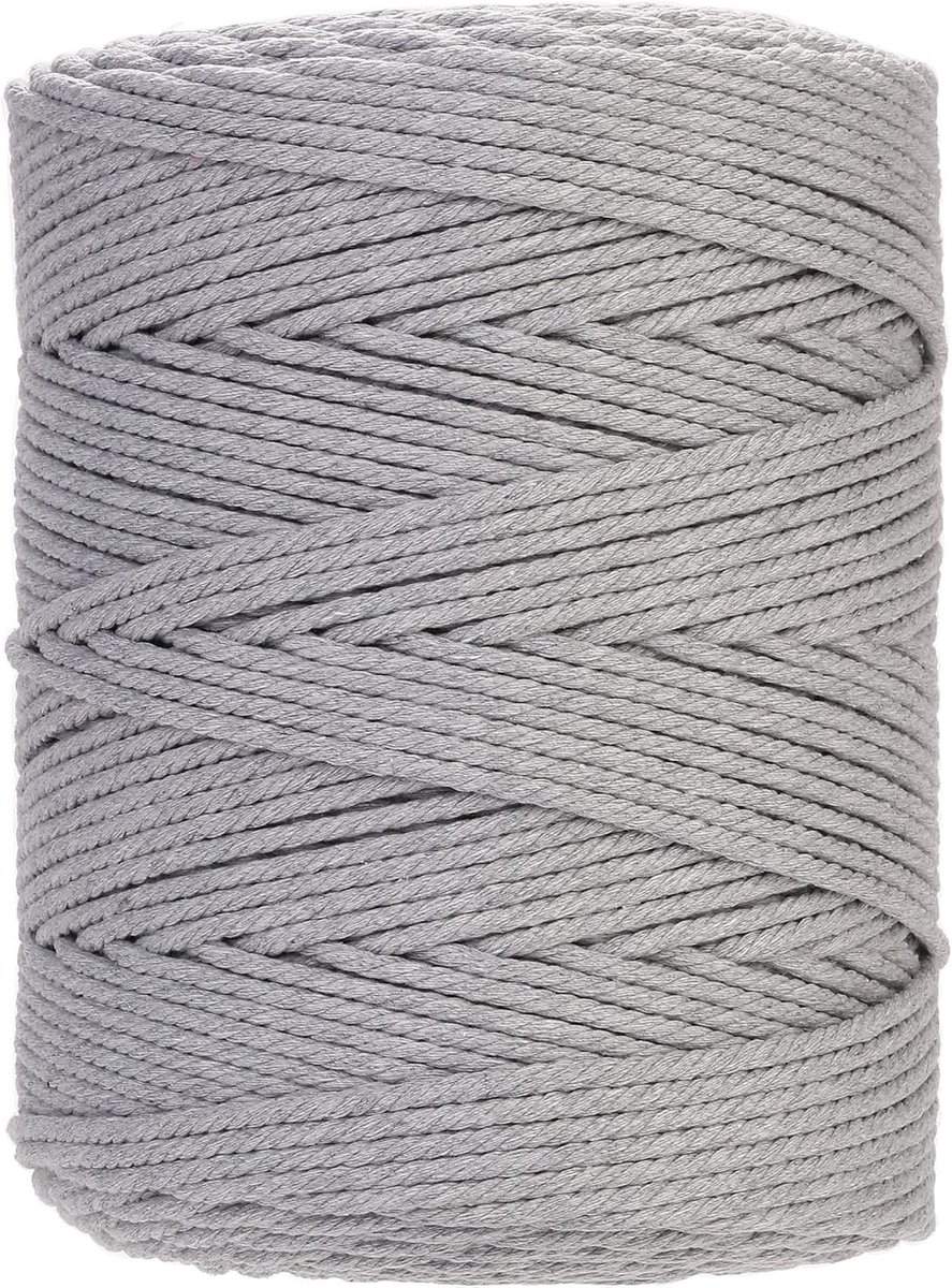 Premium Katoenen Macramé Touw 4mm x 300m - Zacht, Chemisch Vrij en Geschikt voor Macramé Projecten, Lichtgrijs