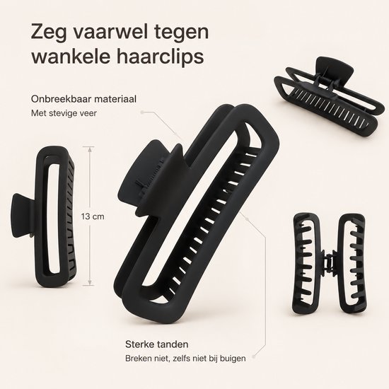 Zwarte XL haarklem met sterke tanden en een stevige veer, naast een kleinere versie en een detail van de afmeting (13 cm).