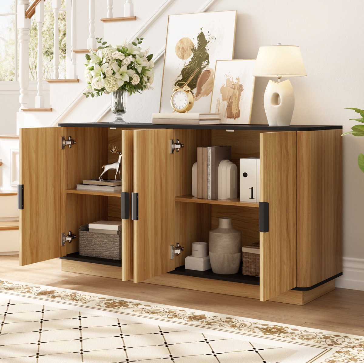 COVREO Dressoir 139 x 40 x 75 cm - 4-deurs, houtlook, verticale ribbeling, naturel