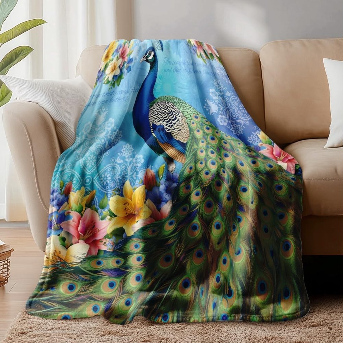 Vintage Parelmoer Dekentje met Elegant Pauwenmotief - Zachte Flanellen Fleece Deken voor Woonkamer, Slaapkamer en Camping 130x137cm