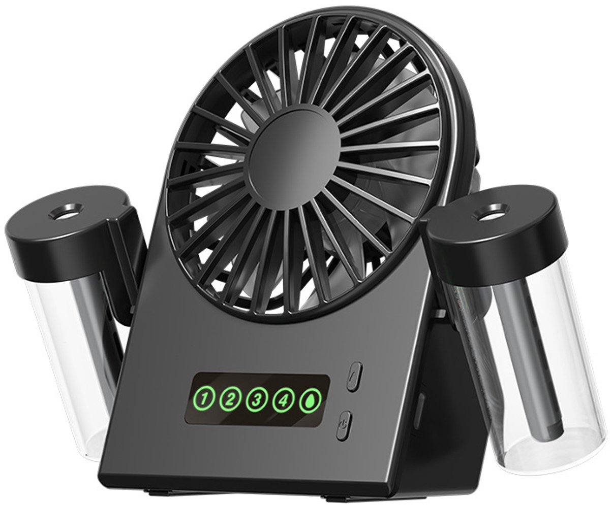 Mini-bureauventilator met dubbele spray, 4 snelheden, digitaal display, oplaadbaar via USB, stille motor, afmetingen 150×40×125 mm, ventilator met koele nevel voor kantoor en thuis