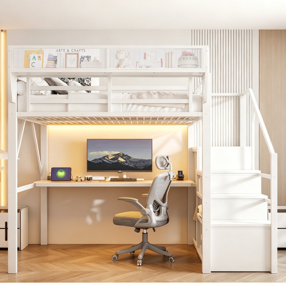 OKWISH Hoogslaper 140x200 cm - Met Ledverlichting En Bureau - Met Opbergruimte En Ladder - Voor Kleine Ruimtes - Metaal En MDF - Wit - Zonder Matras