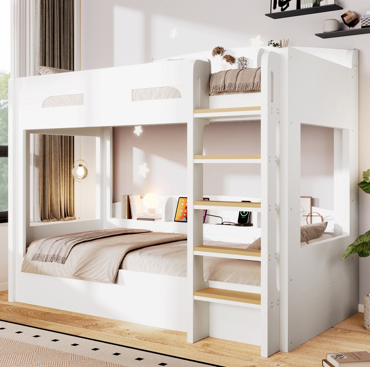 OKWISH Stapelbed 90x200 cm - Met USB-Aansluiting en Opbergplanken - Met Onderbed - Voor Kinderkamer - Hout en MDF - Wit - Zonder Matras