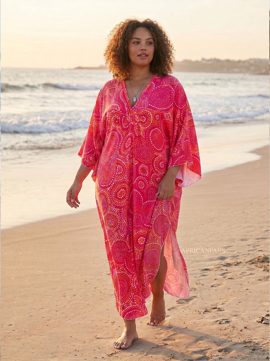 Boho rayon kaftan jurk - Roze Sunburst Dots - Strand Cover Up Caftan Maxi Jurk