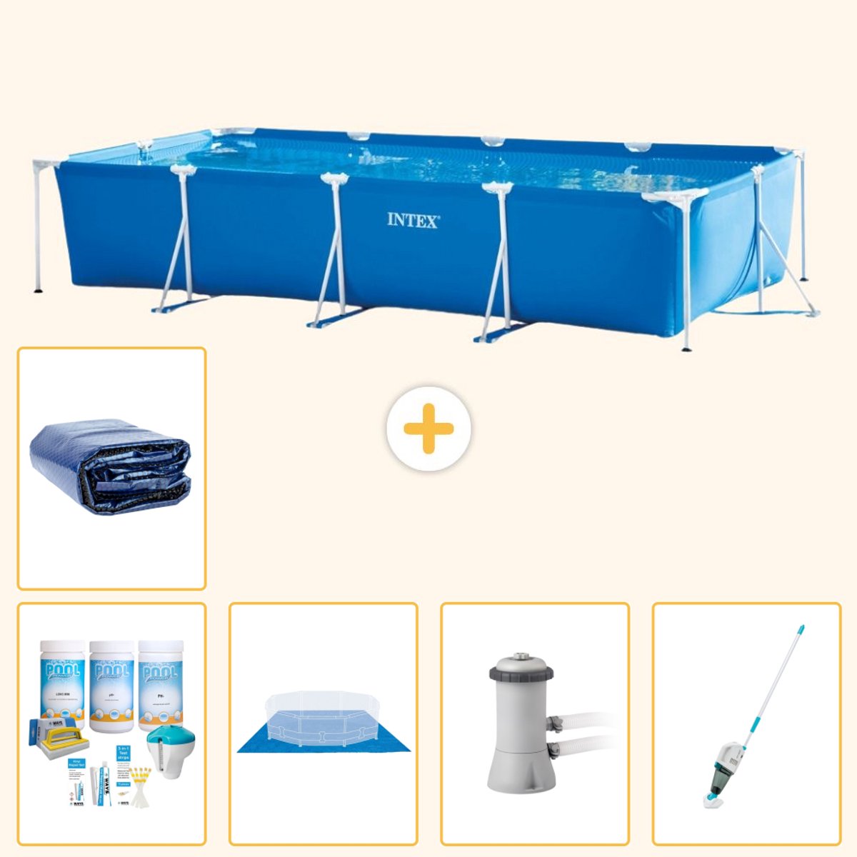 Intex Rechthoekig Frame Zwembad - 450 x 220 x 84 cm - Blauw - Inclusief Onderhoudspakket - Grondzeil - Zwembadfilterpomp - Stofzuiger - Solarzeil - 6-delig