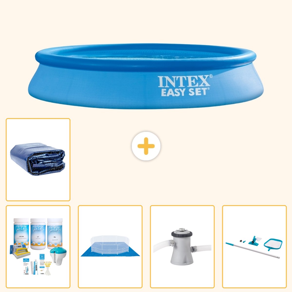Intex Rond Opblaasbaar Easy Set Zwembad - 305 x 61 cm - Blauw - Inclusief Onderhoudspakket - Grondzeil - Zwembadfilterpomp - Schoonmaakset - Solarzeil - 6-delig