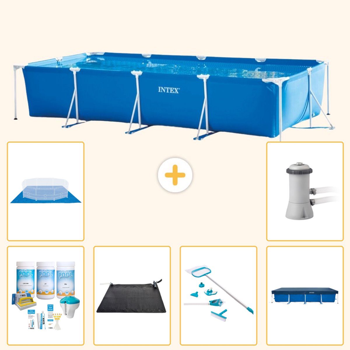 Intex Rechthoekig Frame Zwembad - 450 x 220 x 84 cm - Blauw - Inclusief Onderhoudspakket - Solar Mat - Schoonmaakset - Afdekzeil - Grondzeil - Zwembadfilterpomp - 7-delig