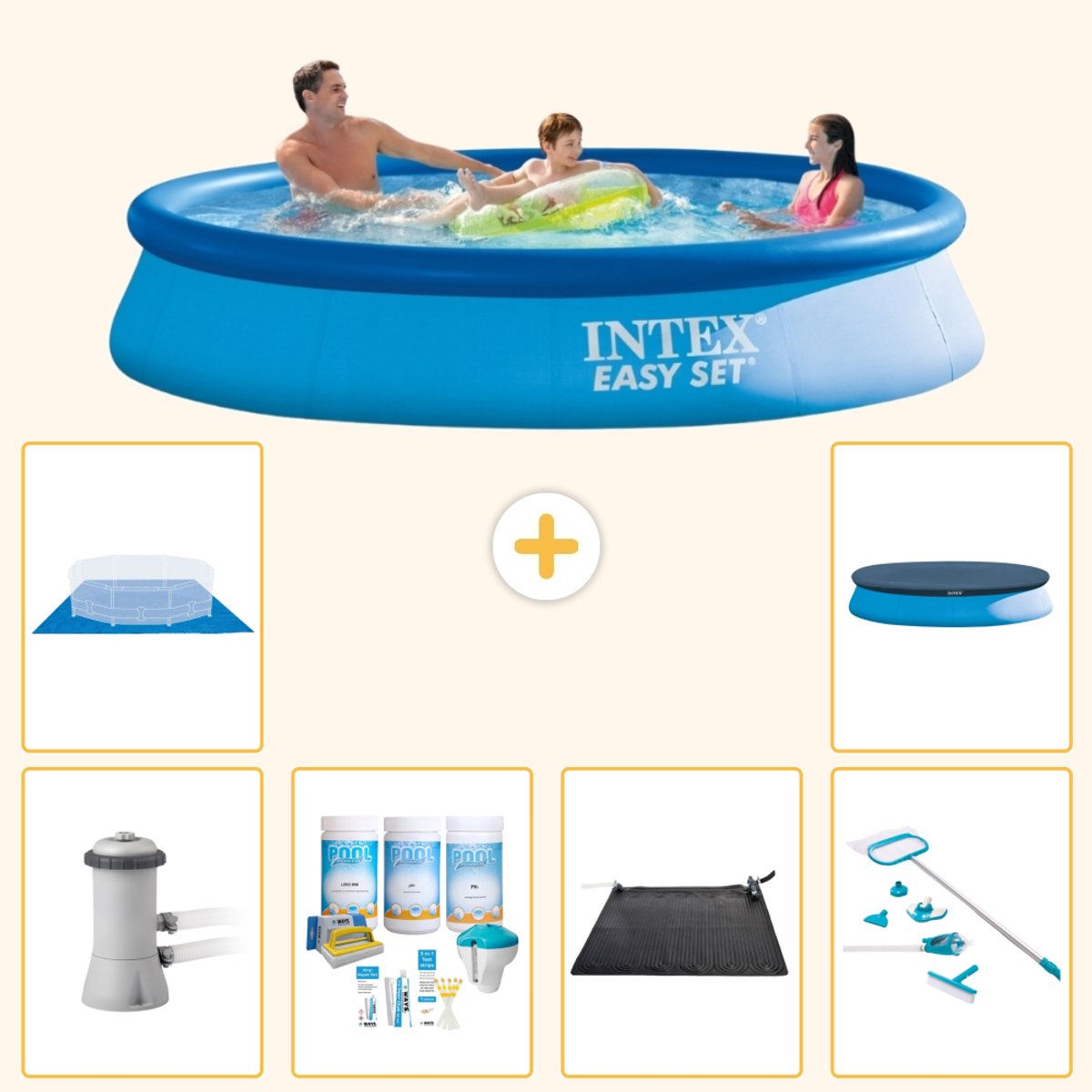 Intex Rond Opblaasbaar Easy Set Zwembad - 366 x 76 cm - Blauw - Inclusief Pomp - Onderhoudspakket - Solar Mat - Schoonmaakset - Grondzeil - Afdekzeil - 7-delig