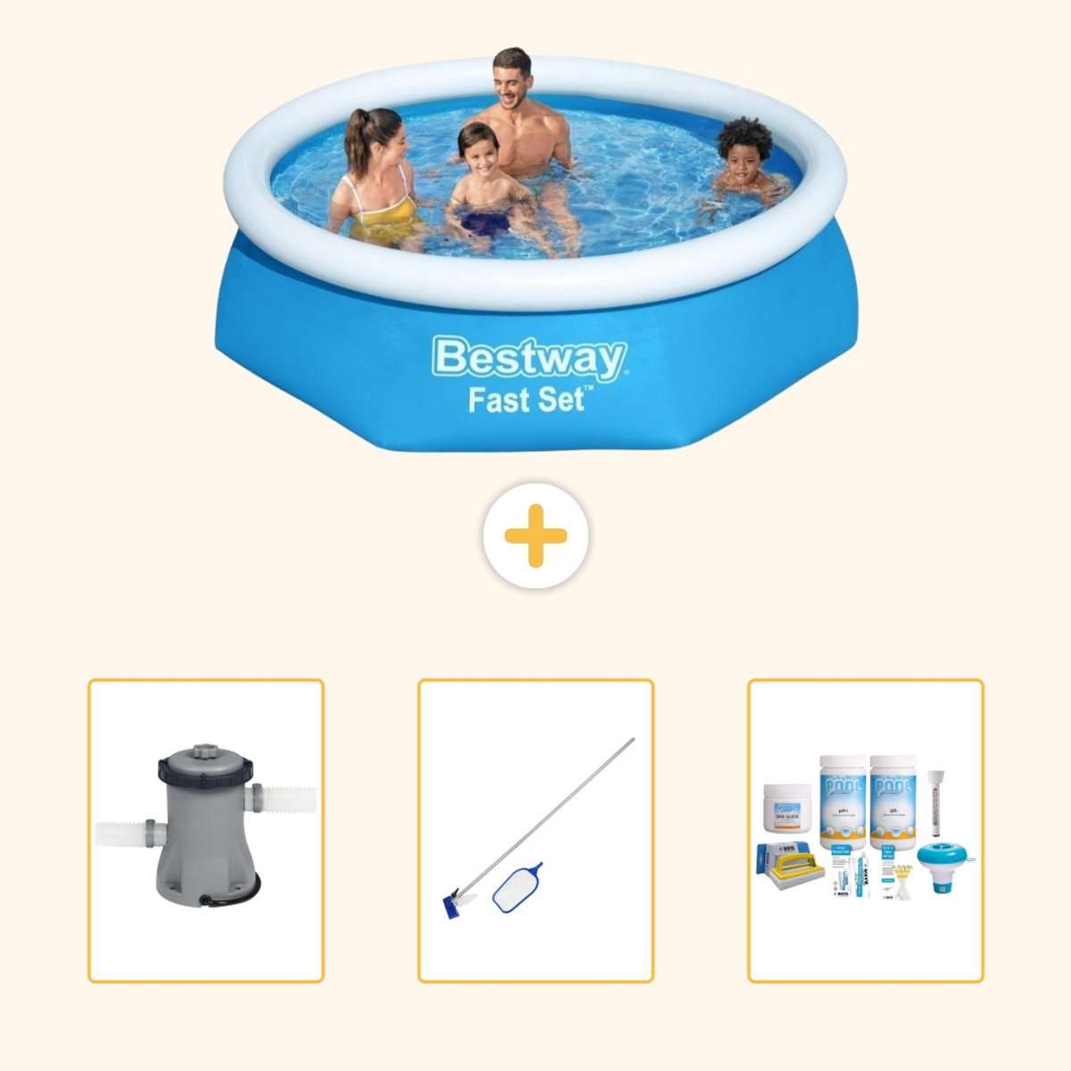 Bestway Rond Opblaasbaar Fast Set Zwembad - 244 x 61 cm - Blauw - Inclusief Pomp - Schoonmaakset - Onderhoudspakket - 4-delig
