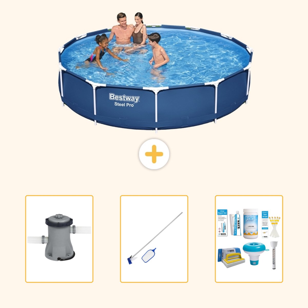 Bestway Rond Steel Pro Zwembad - 366 x 76 cm - Blauw - Inclusief Pomp - Schoonmaakset - Onderhoudspakket - 4-delig