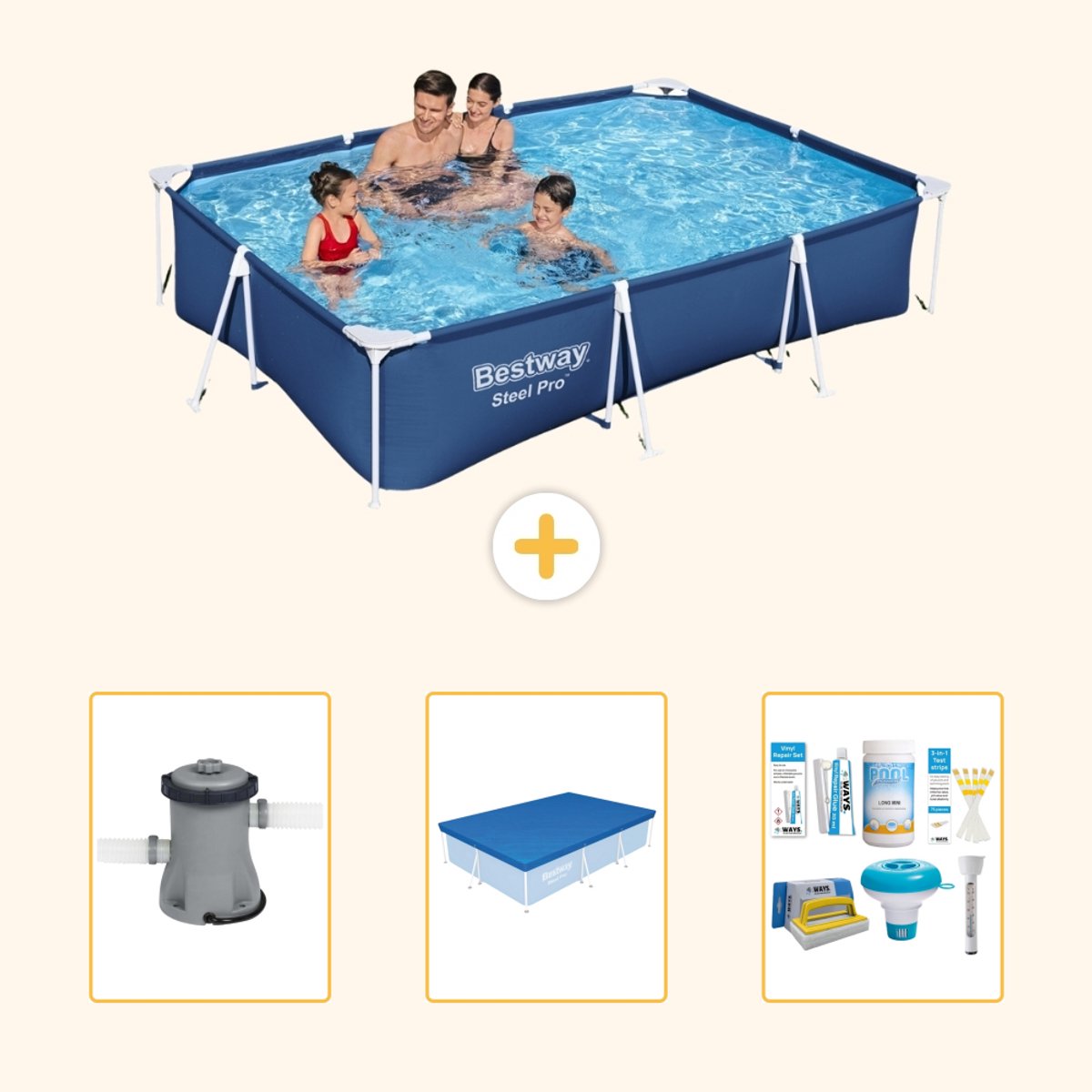 Bestway Rechthoekig Steel Pro Zwembad - 300 x 201 x 66 cm - Blauw - Inclusief Pomp - Afdekzeil - Onderhoudspakket - 4-delig