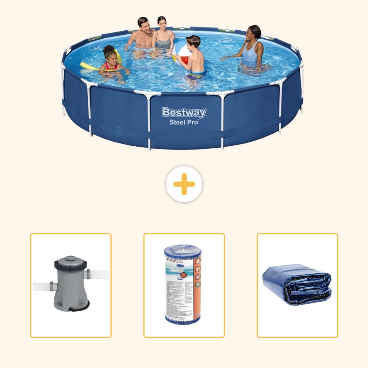Bestway Rond Steel Pro Zwembad - 396 x 84 cm - Blauw - Inclusief Pomp - Filter - Solarzeil - 4-delig