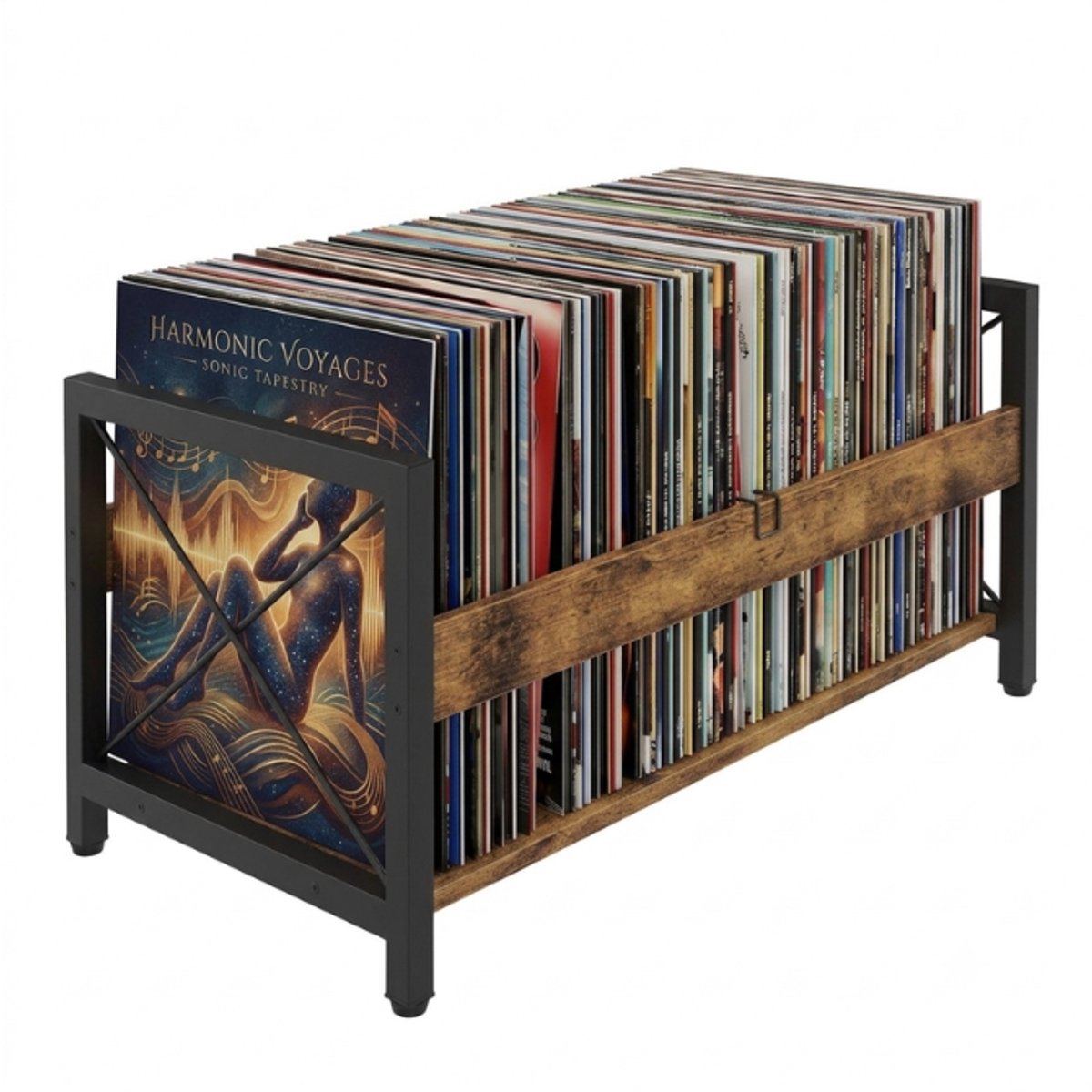 Kaëru Vinyl LP Opbergrek – Verstelbare Metalen Stang – Industriële LP Houder – voor 12 Inch Vinyl, Boeken – Vintage Bruin met Zwart Metaal – LP Opbergsysteem – Boekensteun