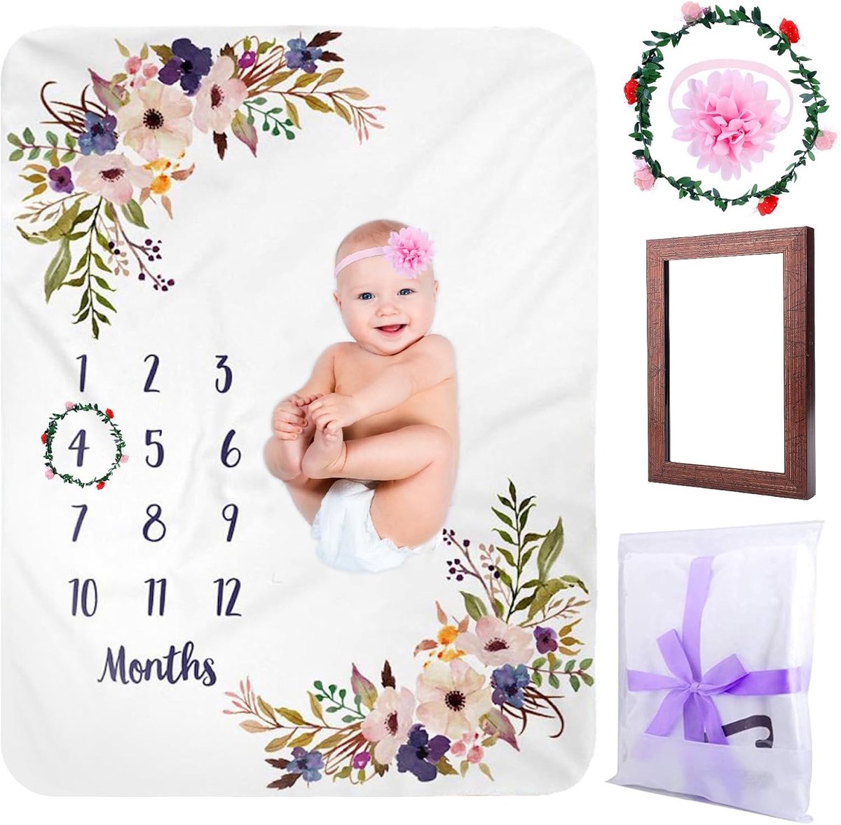 Floral Milestone Dekentje voor Baby's - Maand Dekentje voor Jongens en Meisjes - Perfect Kraamcadeau, 130 x 100 cm