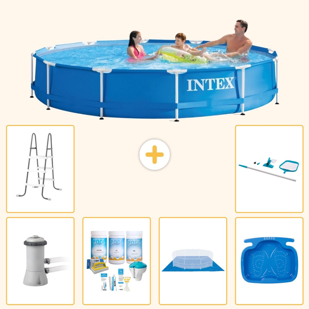 Intex Rond Frame Zwembad - 366 x 76 cm - Blauw - Inclusief Pomp - Onderhoudspakket - Grondzeil - Voetenbad - Ladder - Schoonmaakset - 7-delig