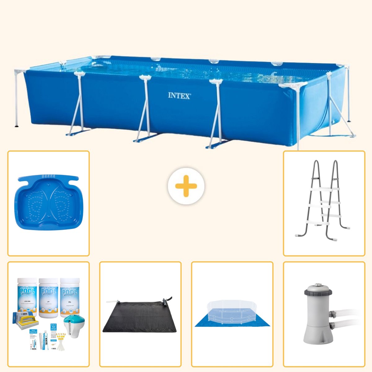 Intex Rechthoekig Frame Zwembad - 450 x 220 x 84 cm - Blauw - Inclusief Onderhoudspakket - Solar Mat - Grondzeil - Zwembadfilterpomp - Voetenbad - Ladder - 7-delig