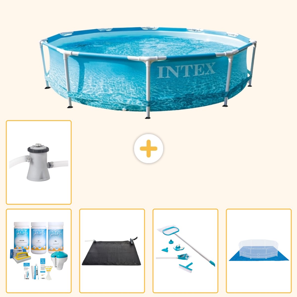 Intex Rond Frame Zwembad - 305 x 76 cm - Waterprint - Inclusief Onderhoudspakket - Solar Mat - Schoonmaakset - Grondzeil - Zwembadfilterpomp - 6-delig