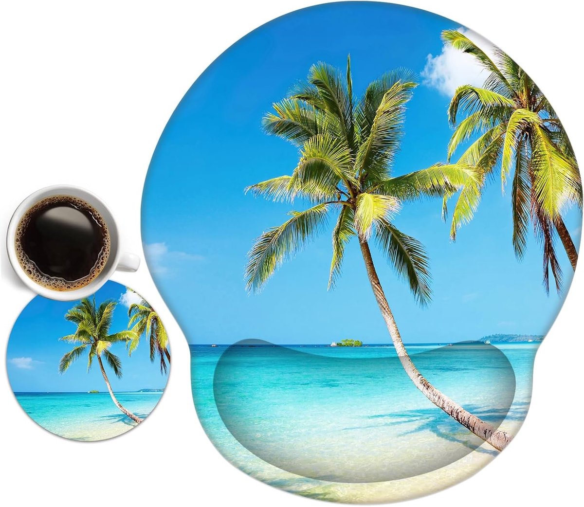 Ergonomische Muismat met Handsteun en Gelkussen voor Comfortabel Computergebruik, Ideaal voor Laptop en Thuiswerkplek (Strand en Kokosbomen)
