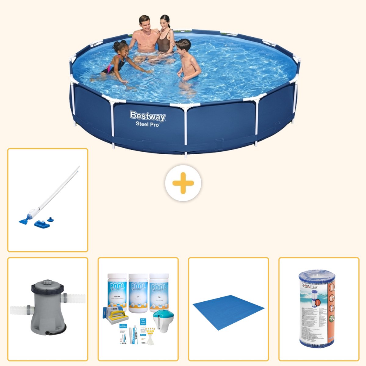 Bestway Rond Steel Pro Zwembad - 366 x 76 cm - Blauw - Inclusief Pomp - Onderhoudspakket - Grondzeil - Filter - Stofzuiger - 6-delig