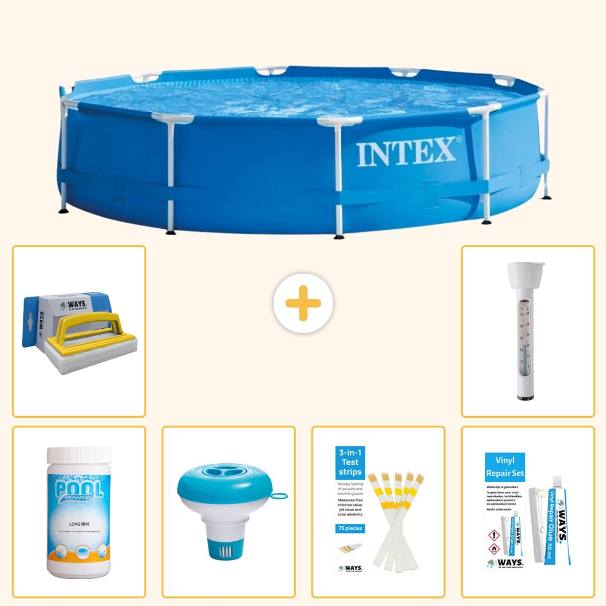 Intex Rond Frame Zwembad - 366 x 76 cm - Blauw - Inclusief Chloor - Chloordrijver - Testrips - Reparatiesetje - Scrubborstel - Thermometer - 7-delig