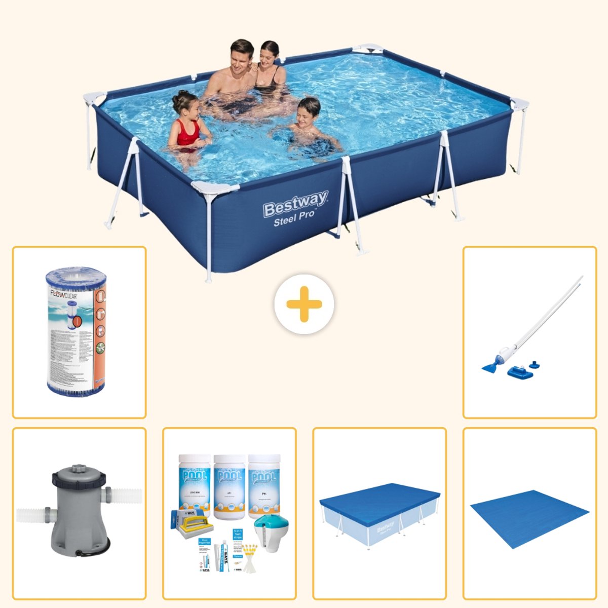 Bestway Rechthoekig Steel Pro Zwembad - 300 x 201 x 66 cm - Blauw - Inclusief Pomp - Onderhoudspakket - Afdekzeil - Grondzeil - Filter - Stofzuiger - 7-delig