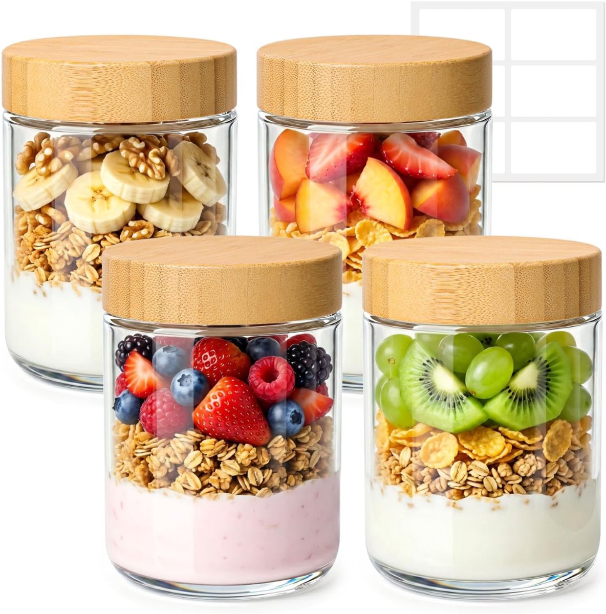 SNJY® Overnight Oats Potjes - Glazen Potjes met Deksel - Mason Jar - Weckpot - 4-Pack 500ml - Doorzichtig