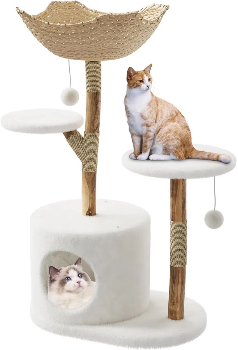 Kattenkrabpaal - Met Bed, Mand en Platform - voor binnenkatten - 2 Platformen Houtlook - Retro Bruin
