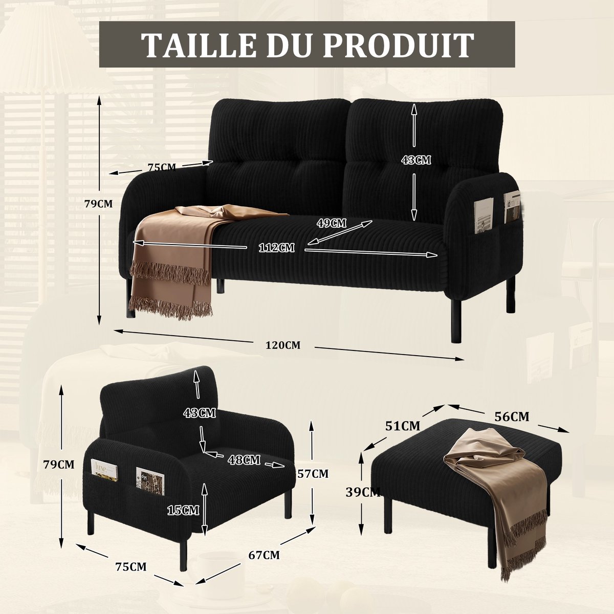 YYchan modulaire bank met hocker - zwart - 120 x 75 x 79 cm
