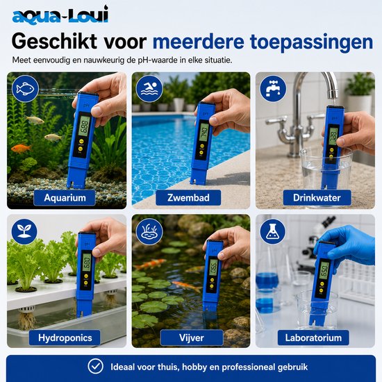 Blauwe digitale pH-meter getest in aquarium, zwembad, drinkwater, hydroponics, vijver en laboratorium.