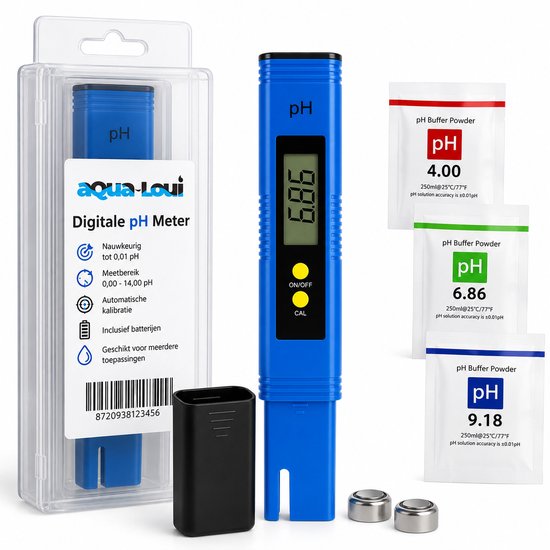 Aqua-Loui® - Digitale pH Meter - Inclusief Kalibratiepoeders & Batterijen - pH Tester voor Aquarium, Zwembad, Drinkwater, Vijver & Hydroponics