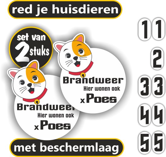 Set de 2 autocollants avec chat blanc, tache orange sur l'œil, collier rouge et texte 'Pompier, Chat vit ici aussi x'. À côté des autocollants, chiffres 00, 2, 33, 44, 55.