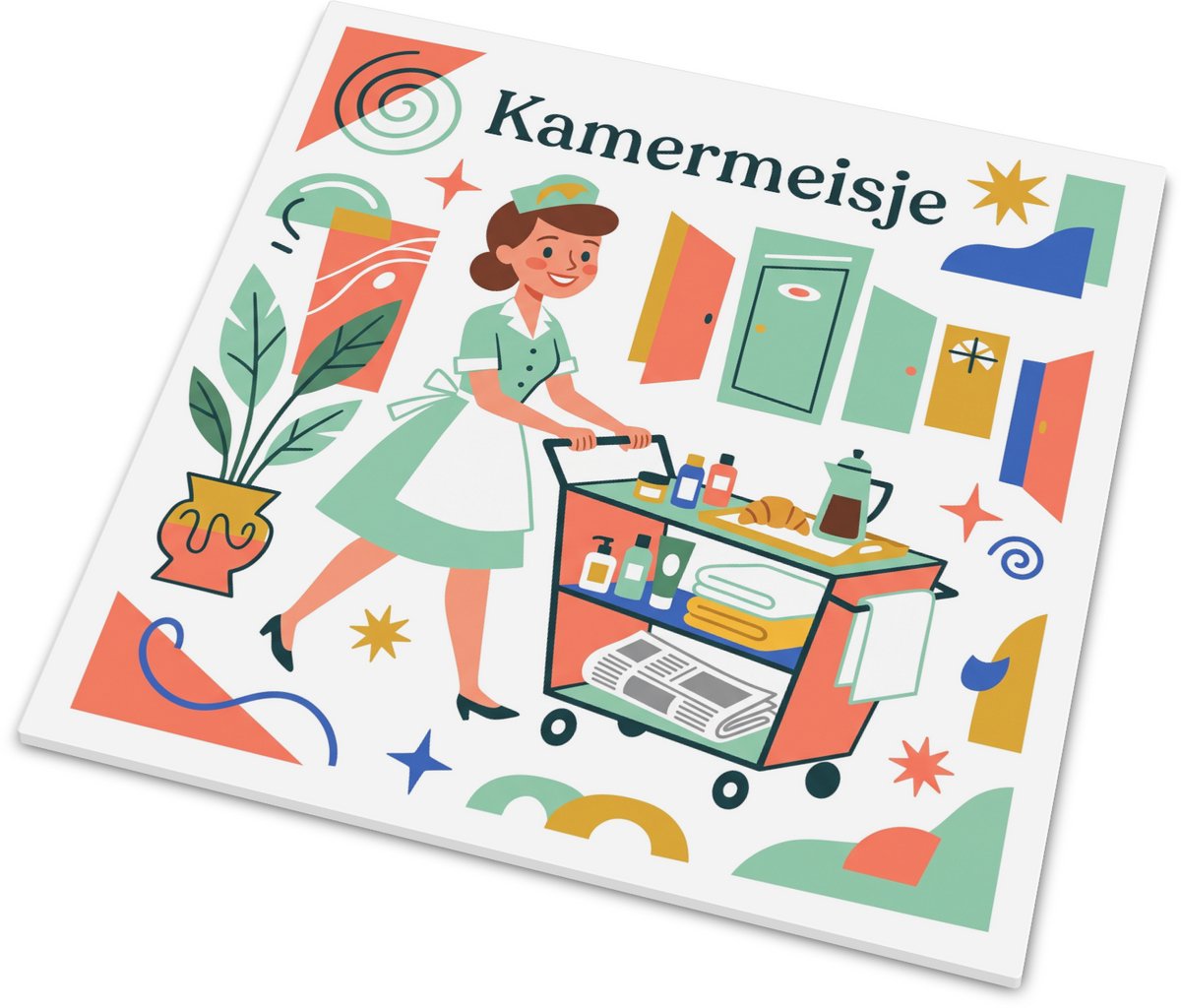 Tegeltje Kamermeisje Mid-Century Whimsical Gouache Illustratie Beroepen Mat Keramiek Wandt