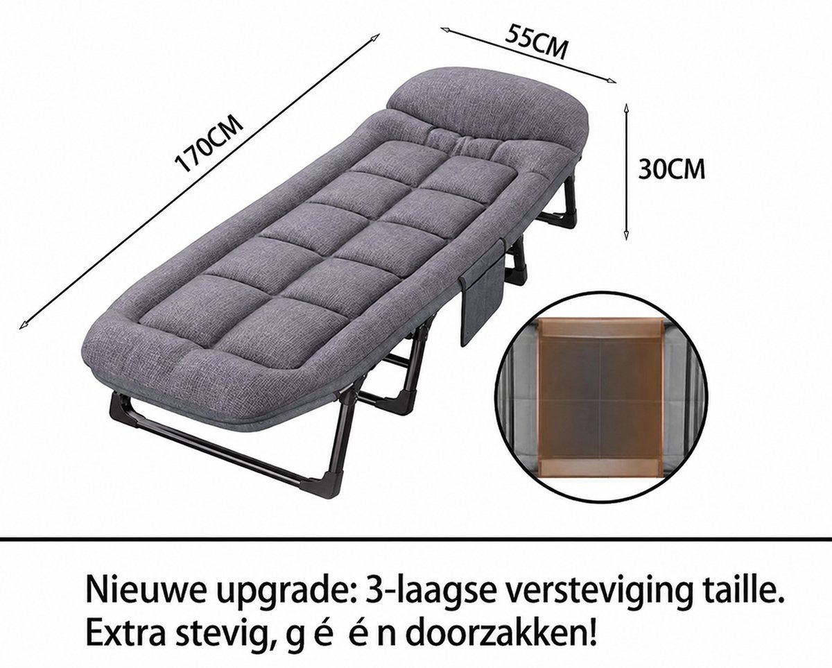 Opvouwbaar Veldbed (170x56x30cm) met zacht kussen. Stevig kampeerbed met versterkt 8-poots frame en 3 lendensteunen. Ruimtebesparend inklapbaar logeerbed in antraciet/grijs. Ideaal voor camping, tuin, strand en reizen.