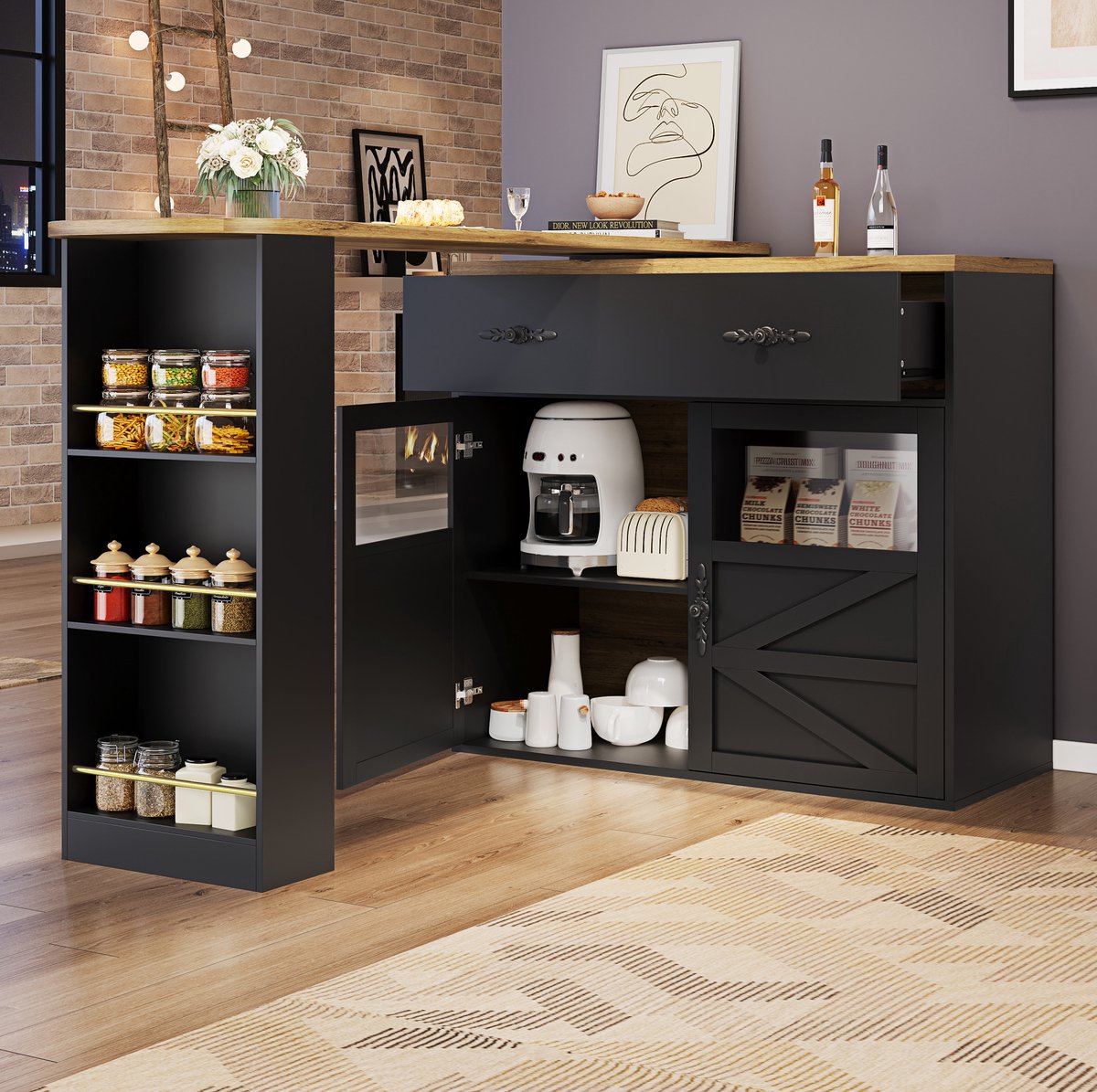 COVREO Bartafel 138-204 x 39 x 104 cm - uitschuifbaar, 360° draaibaar, met opbergruimte, zwart