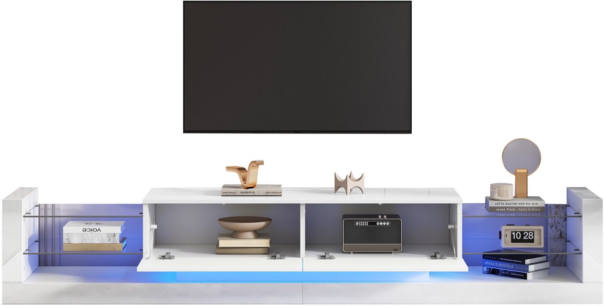 COVREO TV meubel 181 x 38 x 38 cm - hoogglans, LED-verlichting, glasfront, wit