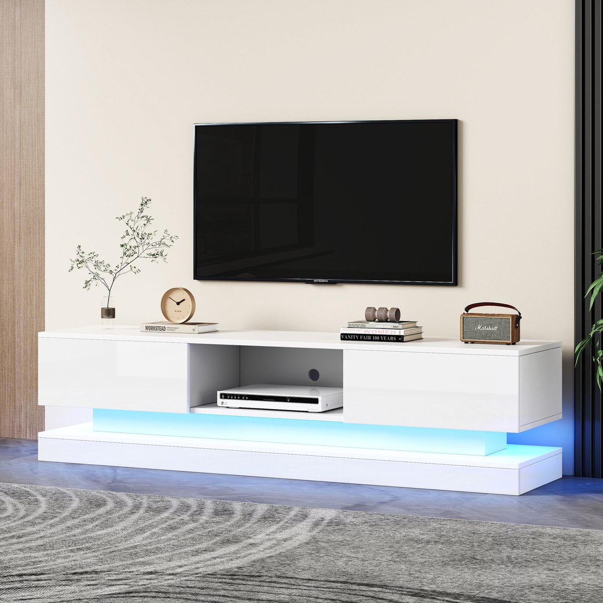 COVREO tv meubel 160 x 35 x 40,5 cm - wit hoogglans, LED-verlichting, 2 lades