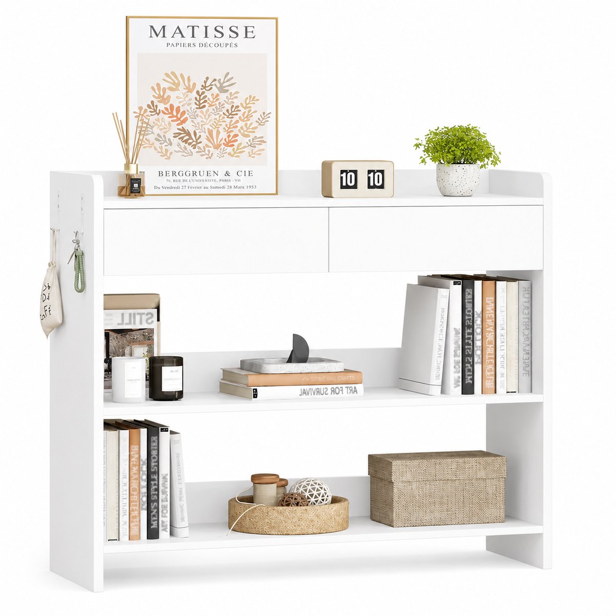 Home & Beyond® Haltafel met Lades, Open Vakken en Haken - Consoletafel en Sidetable met Opbergruimte - Wit - 100 x 28,5 x 80 cm