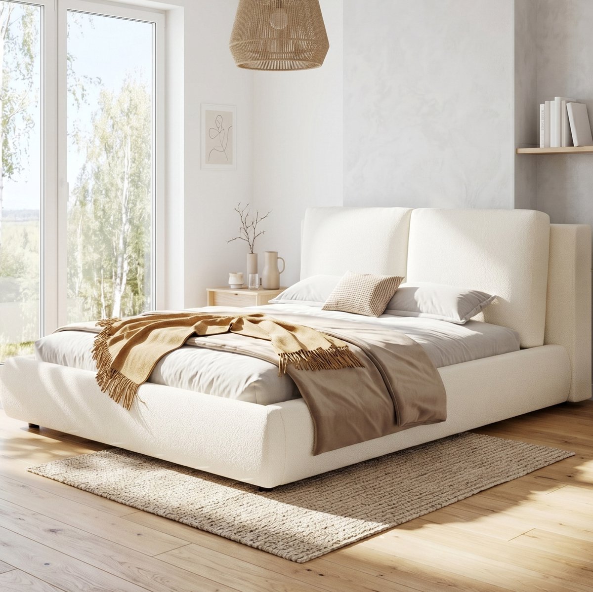 OKWISH Gestoffeerd Bed 160x200 cm - Hydraulisch Stauraumbed met Lattenbodem en Hoofdbord - Voor Volwassenen - Zonder Matras - Beige