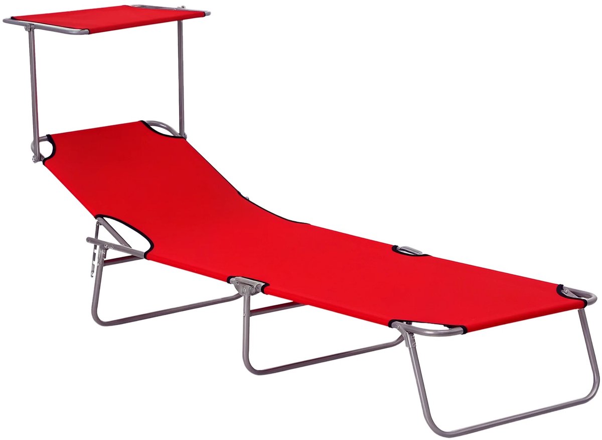 Cherrys Finds - Ligbed - Ligbed Tuin - Met Zonnedak - Zonnebank - Opvouwbare - Lange Opvouwbare Stoel - Groot Comfort - Meerdere Standen - Kantelbare Rugleuning En Dimbaar Verstelbare Zonwering - Rood