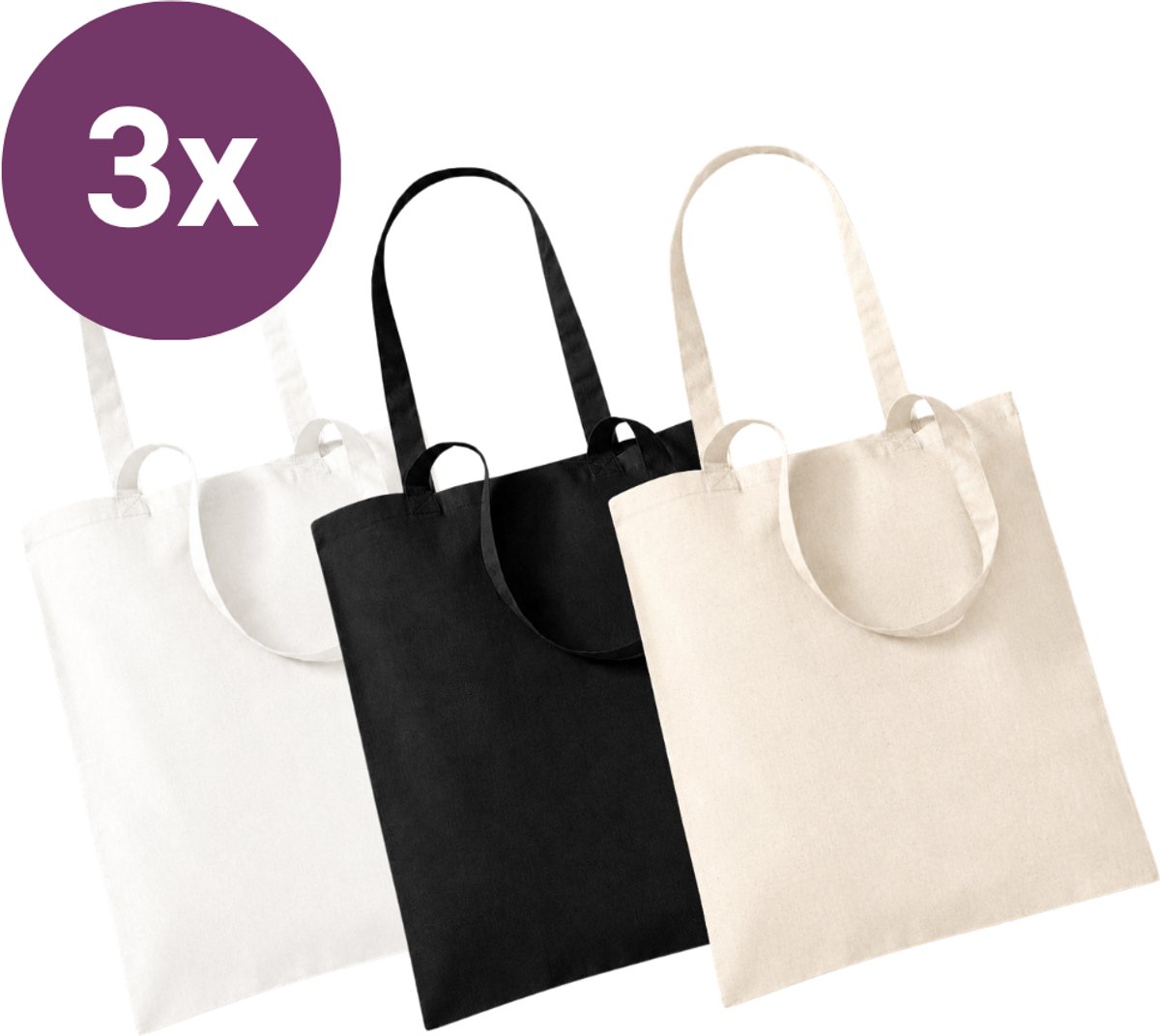 Katoenen tassen - 40 x 35 cm - 3 Stuks - (Beige / Zwart / Wit) - Milieu Bewust - Hoogwaardige Kwaliteit - Katoen - Tas - Schoudertas - Zomer