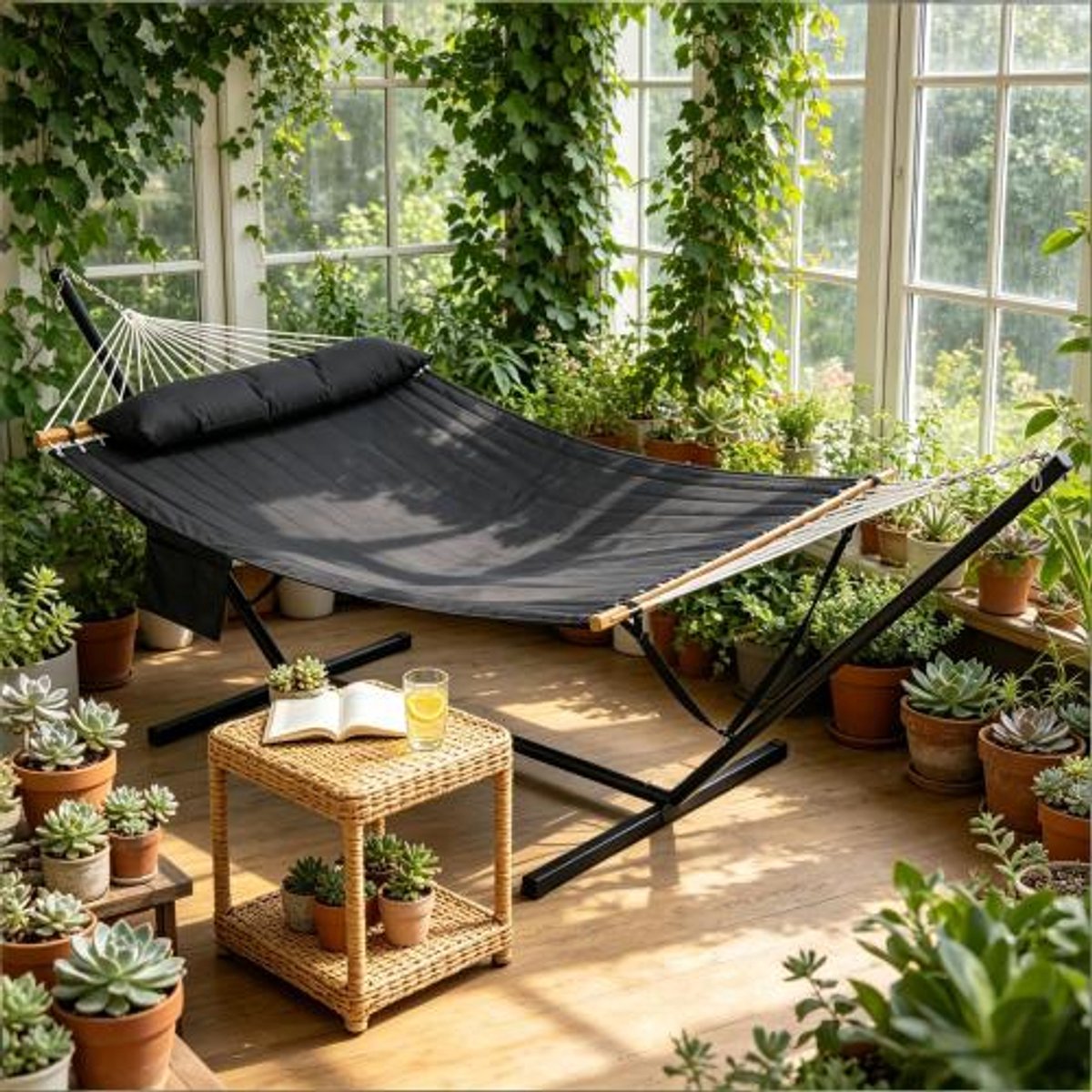 Comfortabele Tweepersoons Hangmat met Standaard – Luxe Tuinhangmat Antraciet – Belastbaar tot 250 kg