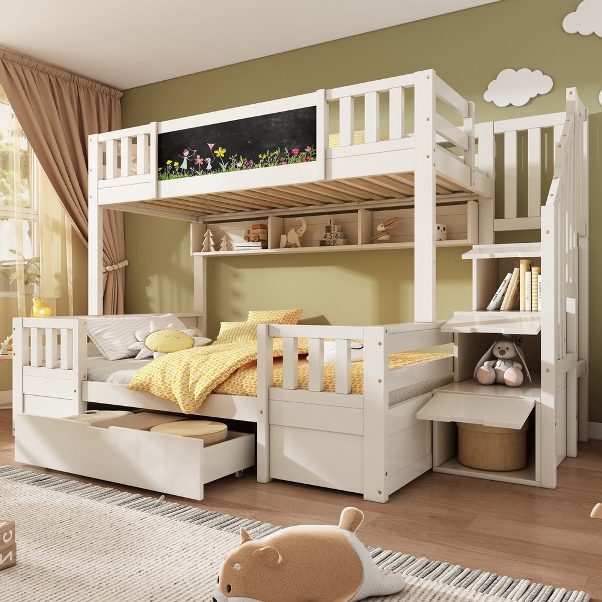 KOMHTOM - Stapelbed voor 3 kinderen - Massief hout - Krijtbord en opbergtrap - 90x200 & 140x200 - Wit