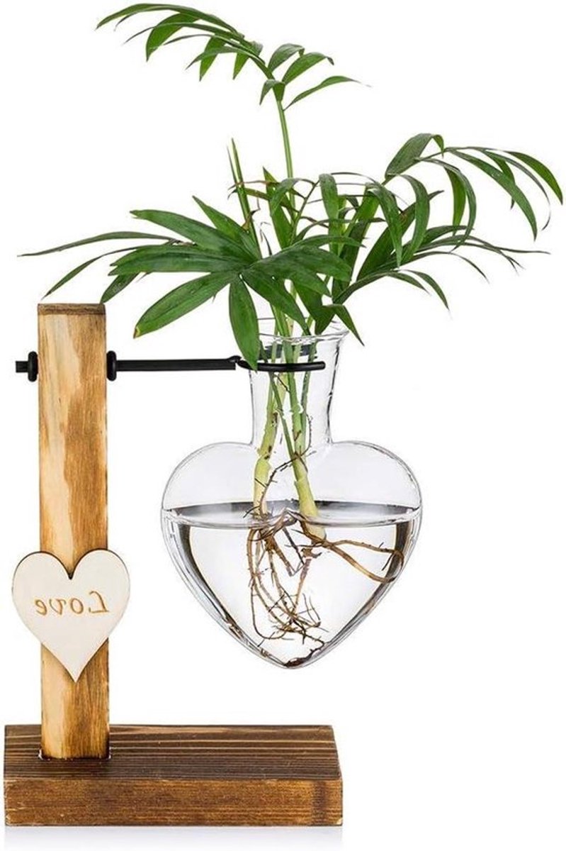Glazen Vaas - Houten Stand - Liefde Hart - Desktop Planter - Bud Hydrocultuur Plant - Huis Tuin Kantoor Decoratie met Roze Bloemen - Geschikt voor Binnen en Buiten - Transparant met Bruine Stand Laagpoly Ontwerp
