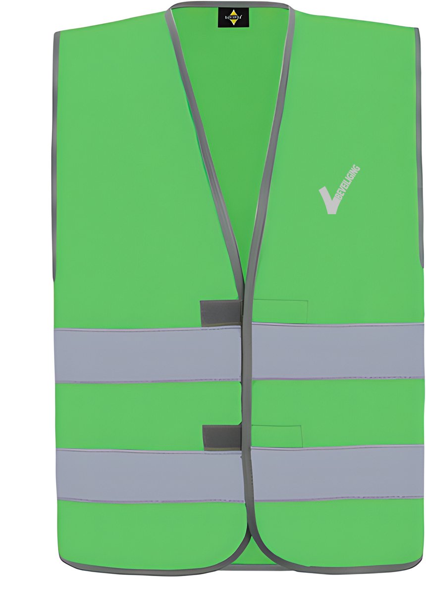 Groen veiligheidshesje met reflecterende strepen EN met Beveiliging / Security met als borstlogo het bekende V-tje en als ruglogo SECURITY - voor PROFESSIONALS, merk ROLY Maat 5XL / 6XL