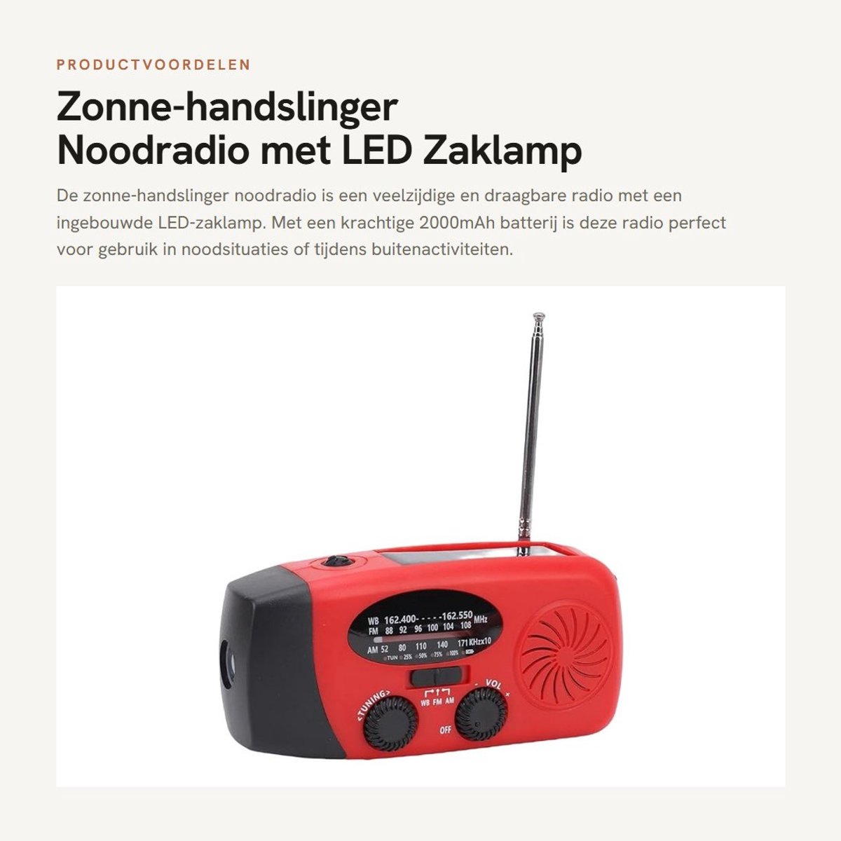 Dailygoods- Noodradio met LED-zaklamp - Oplaadbare Batterij - Draagbare Radio - 2000mAh - AM/FM/WB - Solar/Opwindbaar - Weerradio