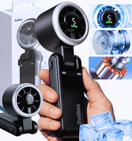 Handpalm met zwarte ventilator, met USB-C poort en 4000 mAh batterij, voor snelle verkoeling.
